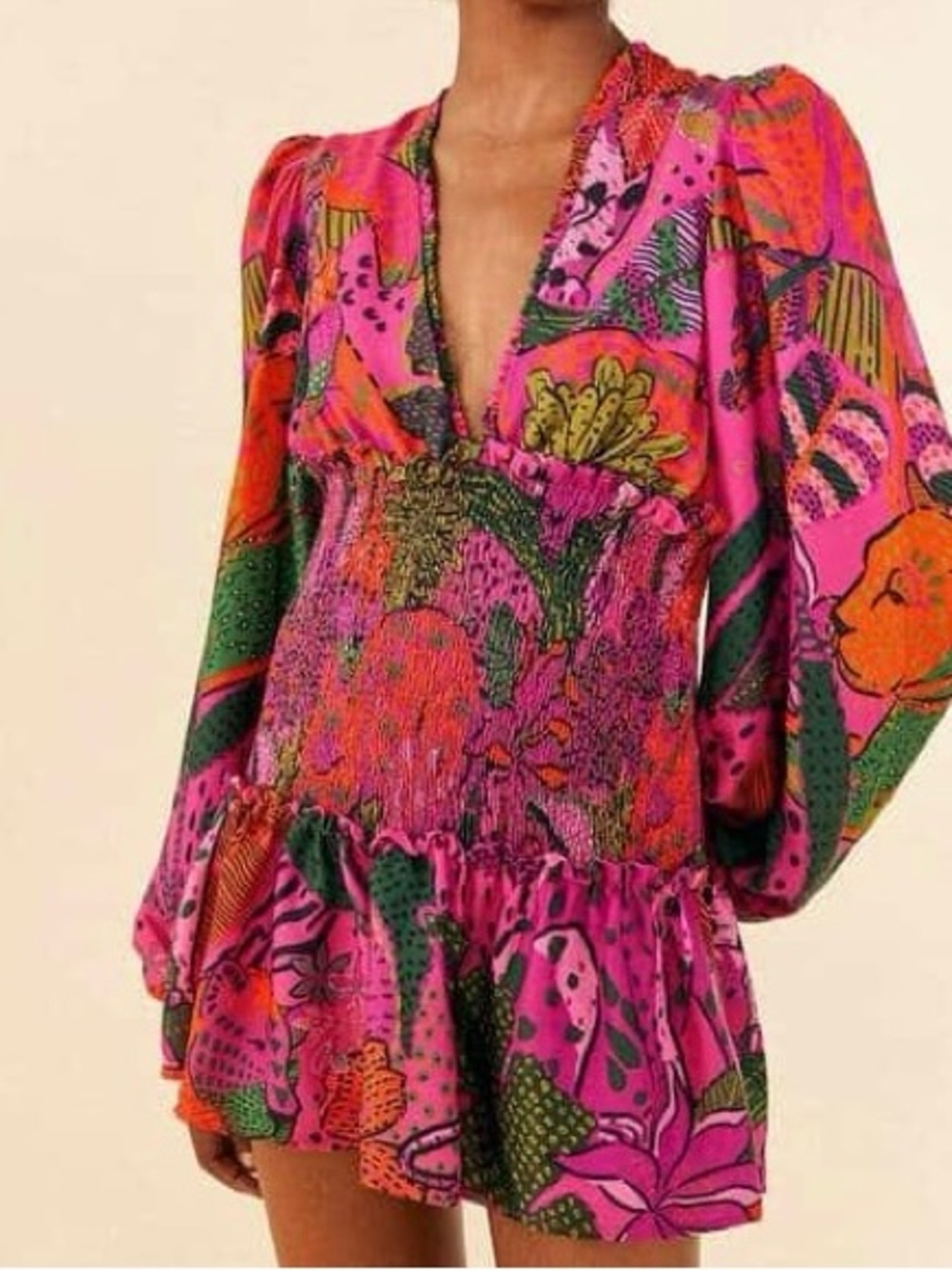 Farm Rio Pink Leopard Flowers Smocked Waist Mini Dress V Neck Small